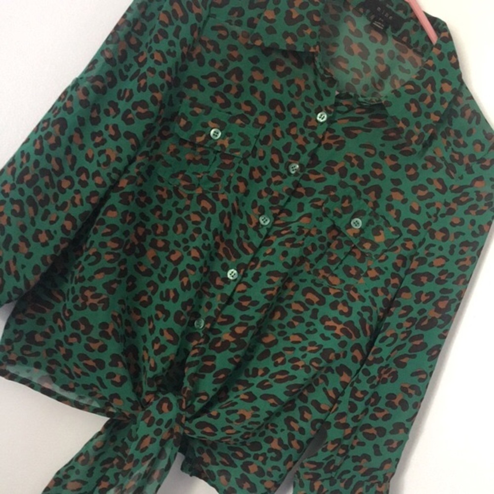 Green leopard tie front blouse